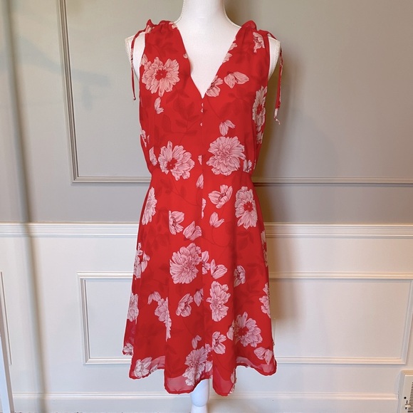 Vince Camuto 8 red sleeveless floral fit and flare dress v neck bright feminine - Picture 1 of 6